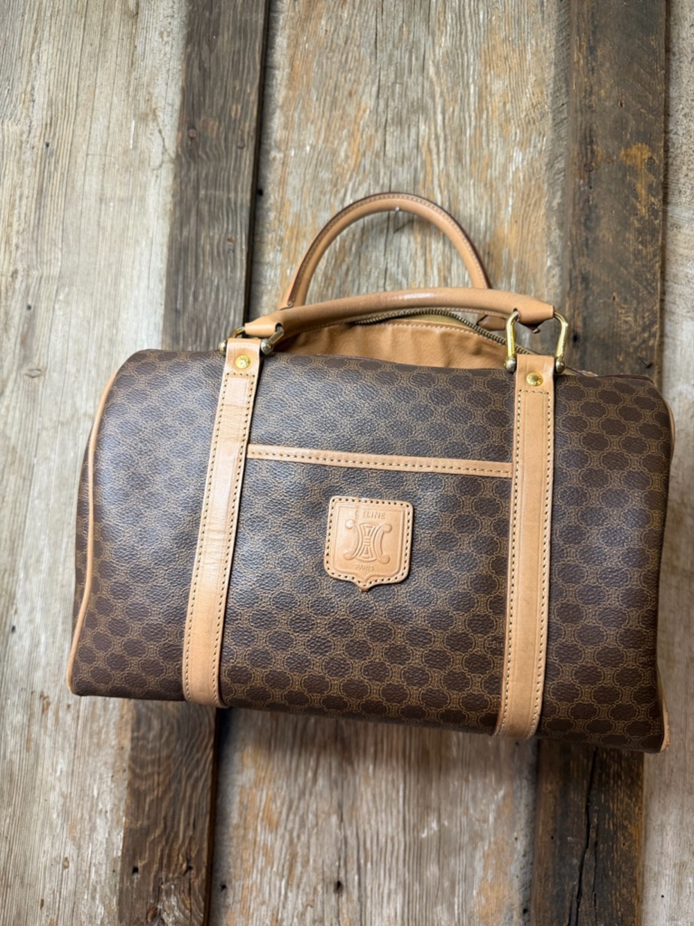 Vintage CELINE Brown Canvas Macadam Leather Boston Tote Bag Made in Italy - Picture 2 of 16